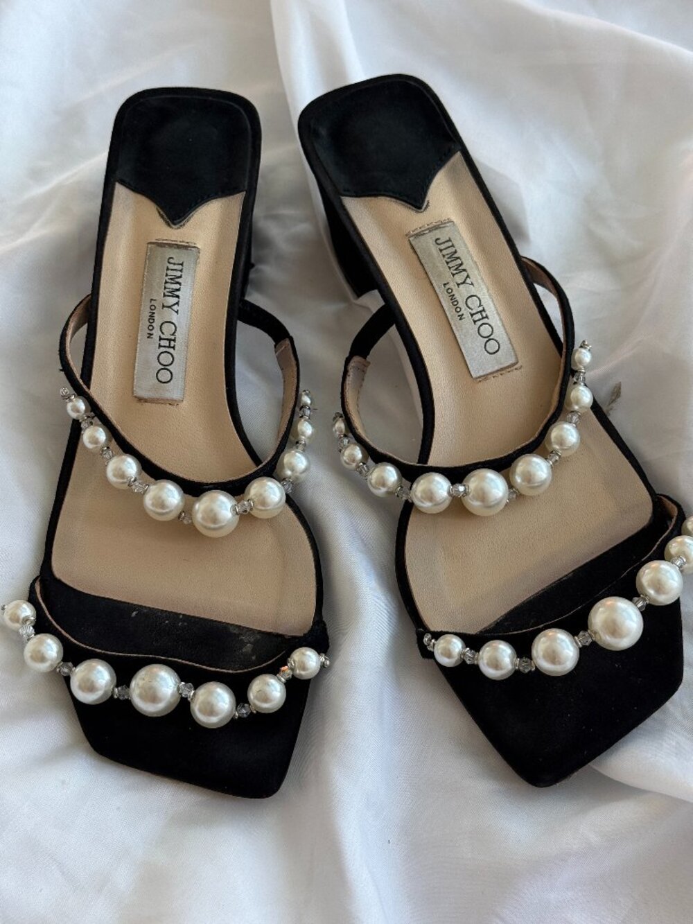 Jimmy Choo Pearl-Embellished Black Suede Block Heels - Size 39